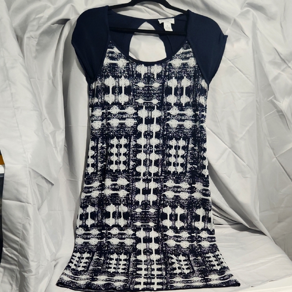Carmen Marc Valvo Navy and White Patterned Dress